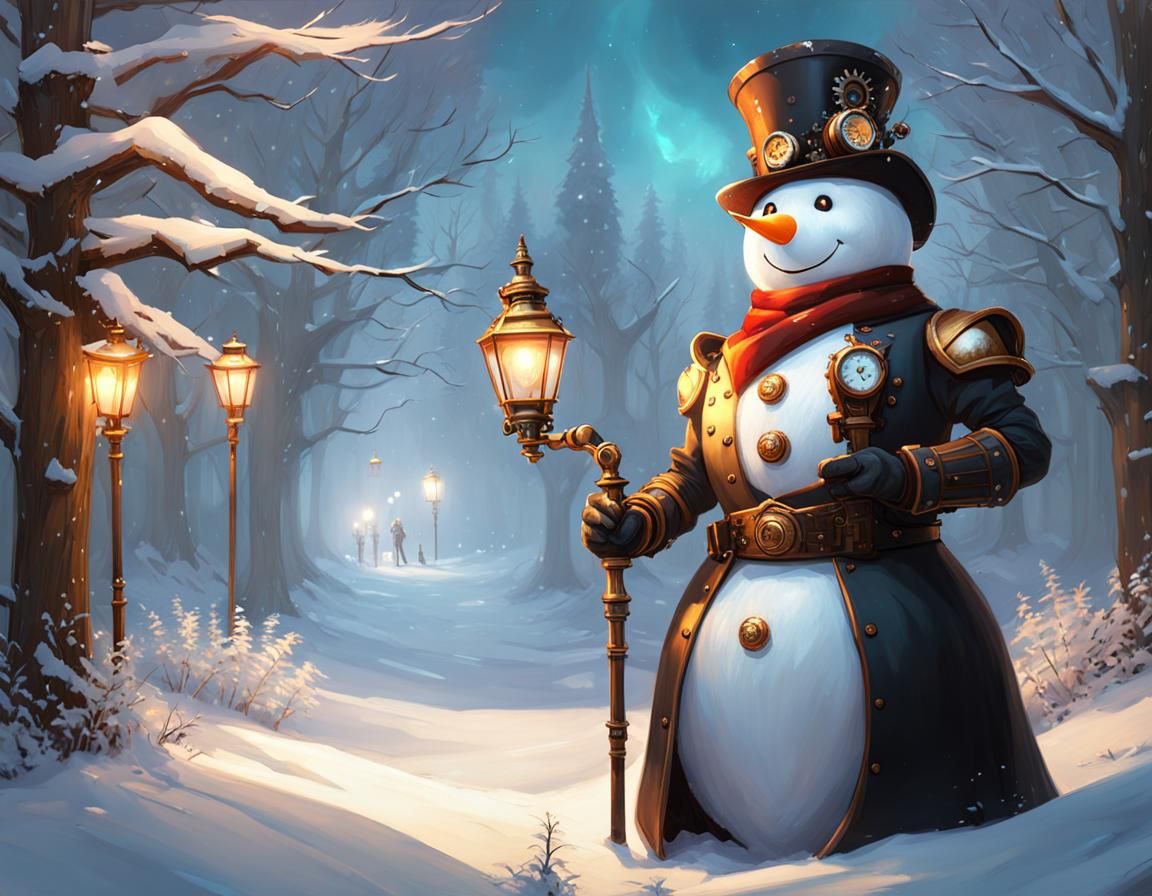 Steampunk Snowman Among Snow Covered Trees
