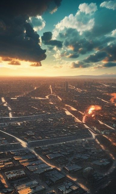 Dark City View from Mountain in Hyperrealism