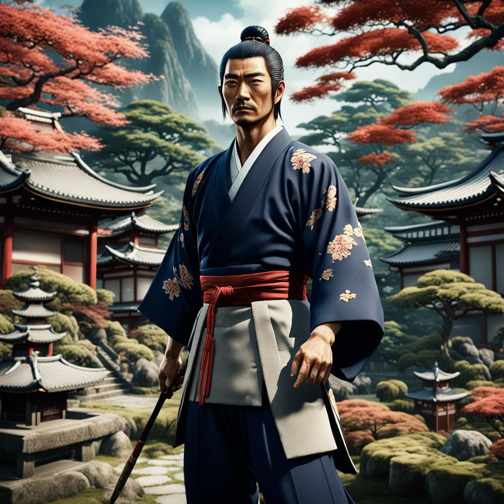 Handsome Japanese Man in Traditional Garden Art