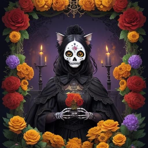 Day of the Dead Cat with Sugar Skull Details