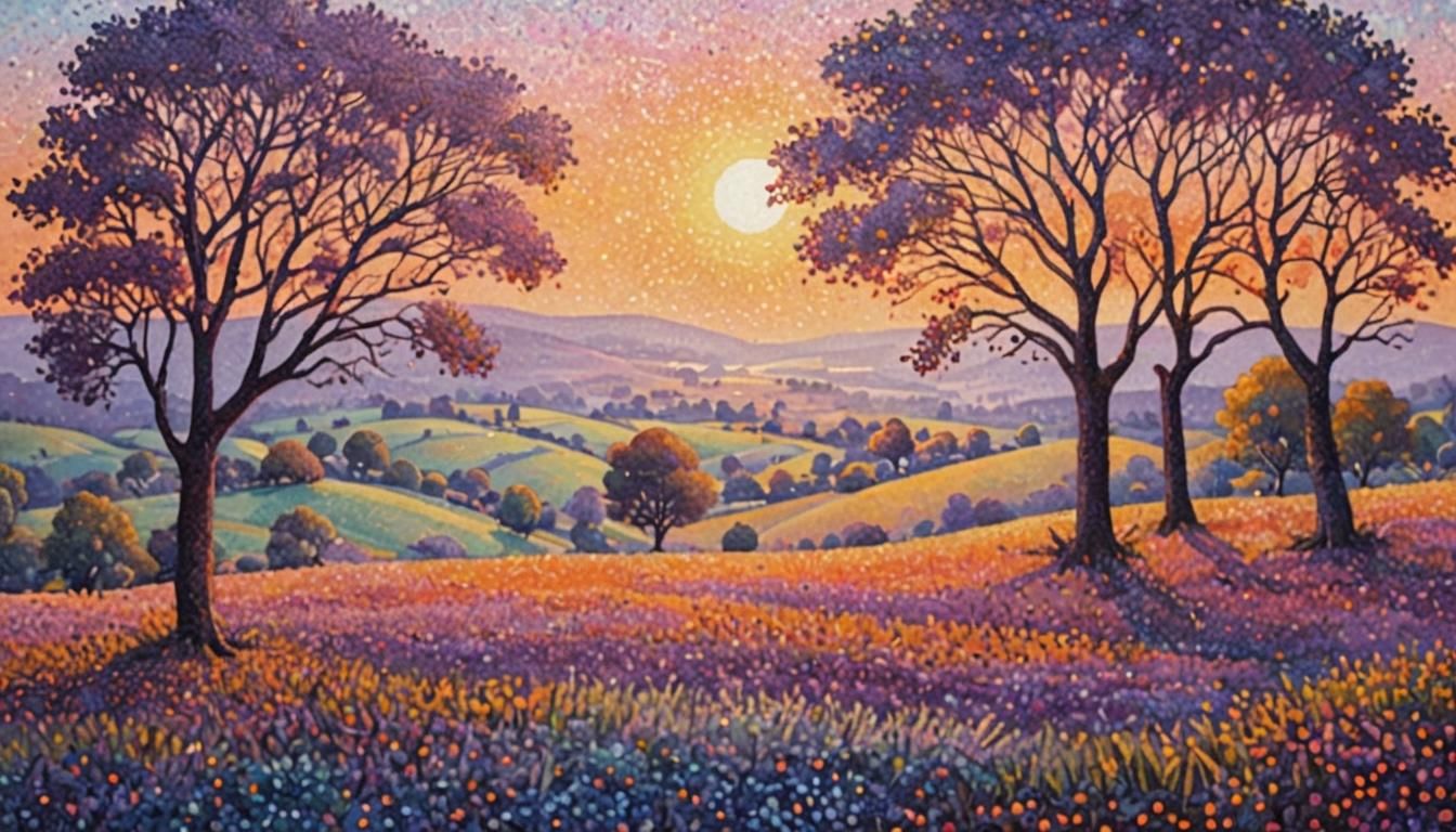 Pointillist Sunset Over Tranquil Countryside
