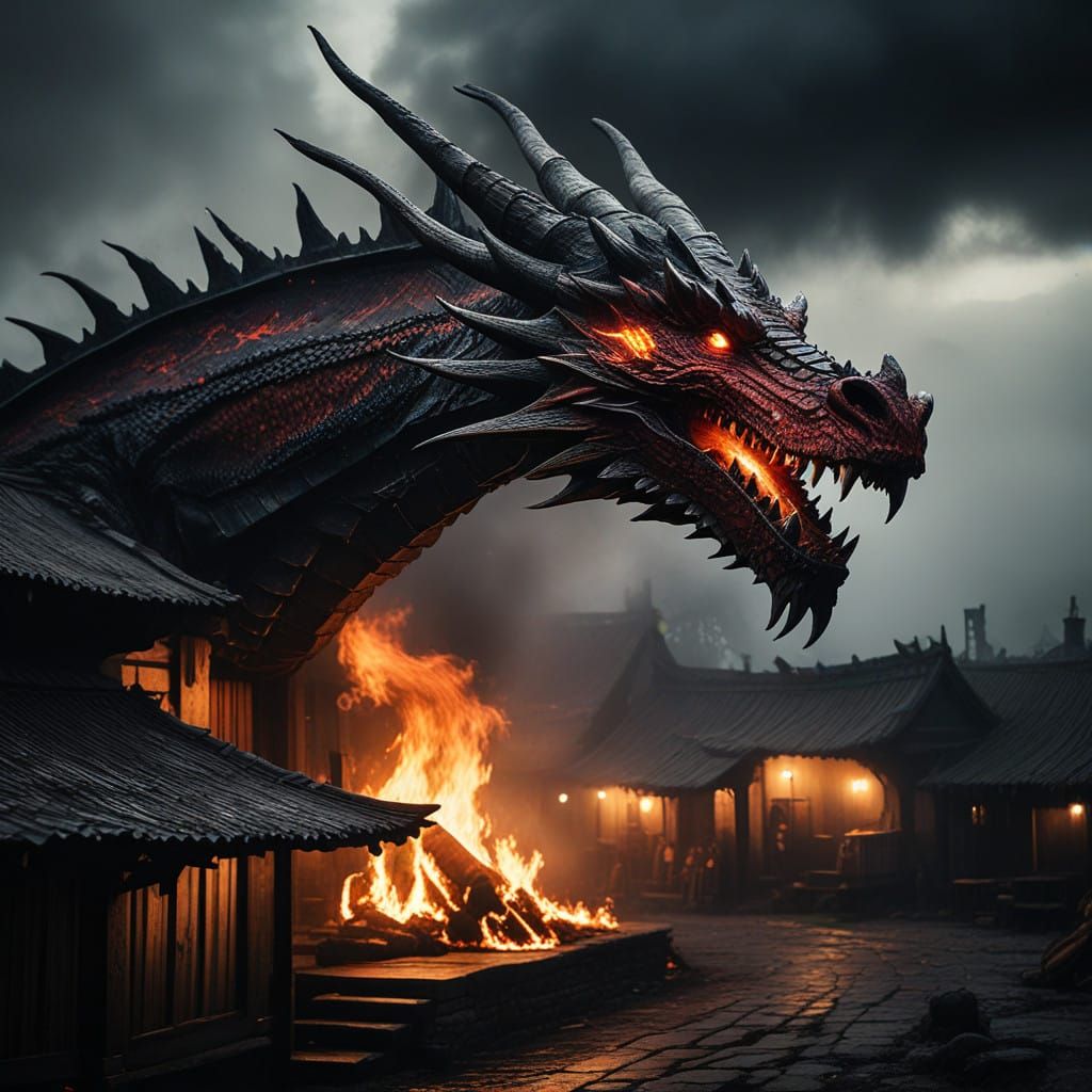 Cyberpunk-Inspired Dragon Soars Over Burning Village