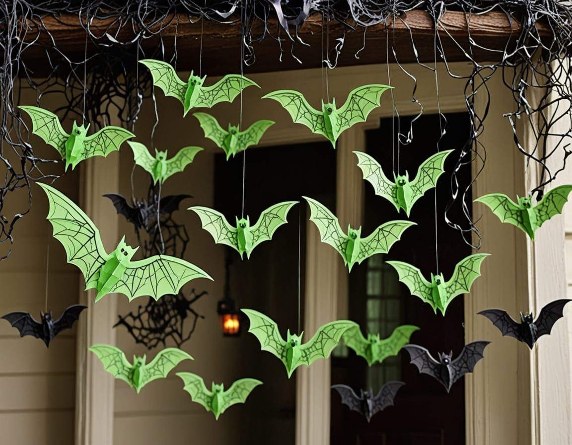 Spooky Old House with Paper Bats and Spiderwebs