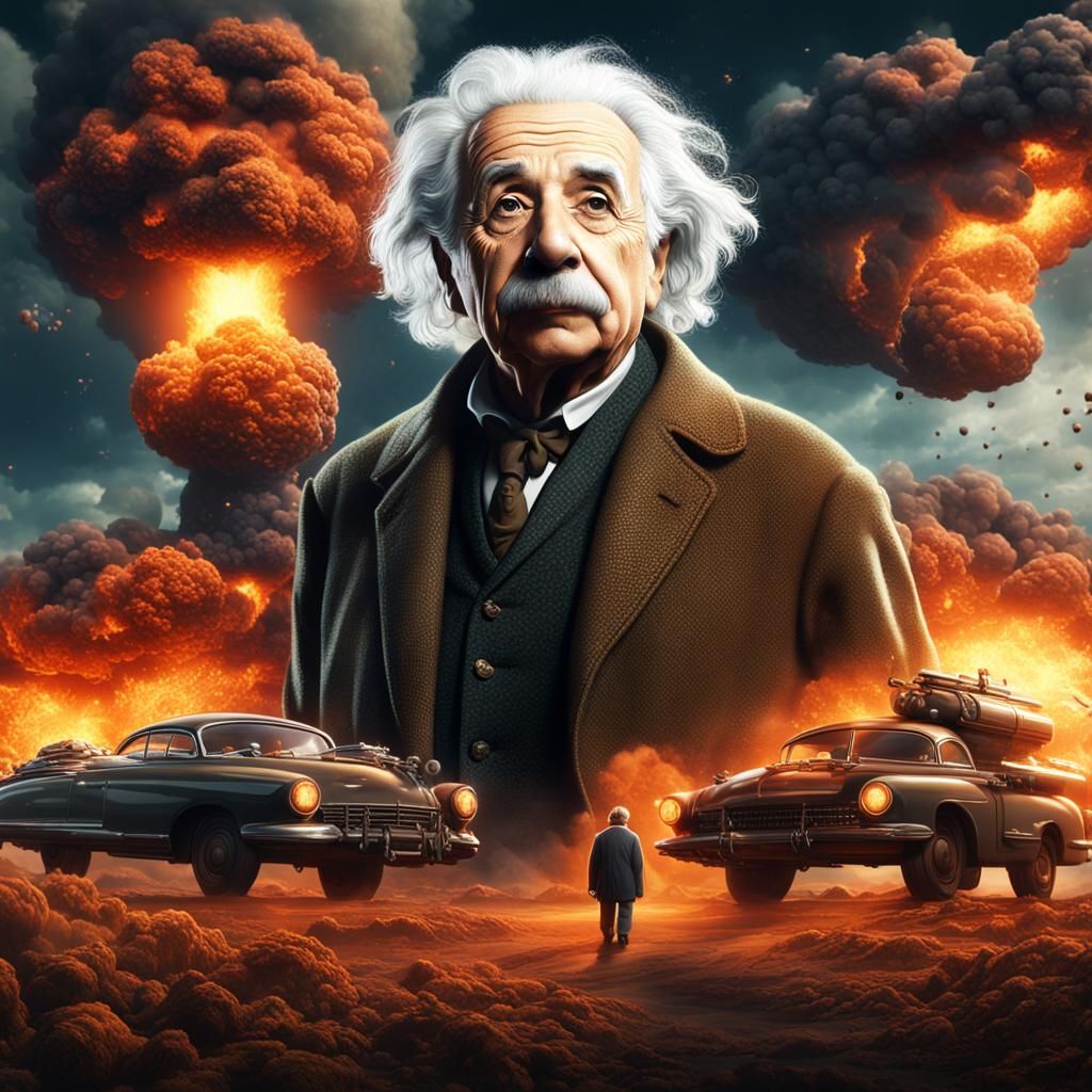 Einstein with Nuclear Explosion: Detailed Matte Painting