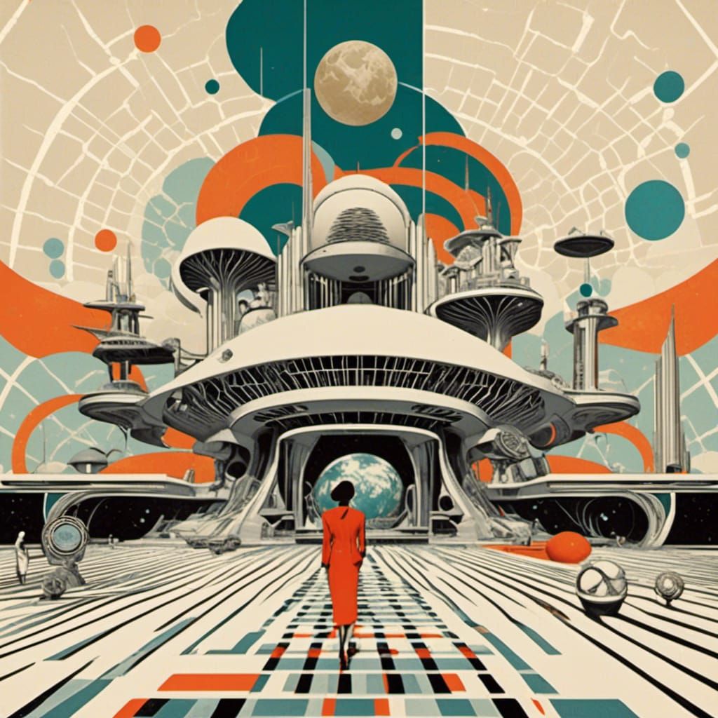 Retro Sci-Fi Utopia Collage with Elegant Woman