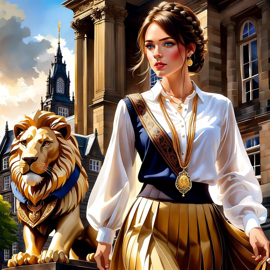 Beautiful Preppy College Student with Braided Hair at Lion-Themed Scottish Elite University