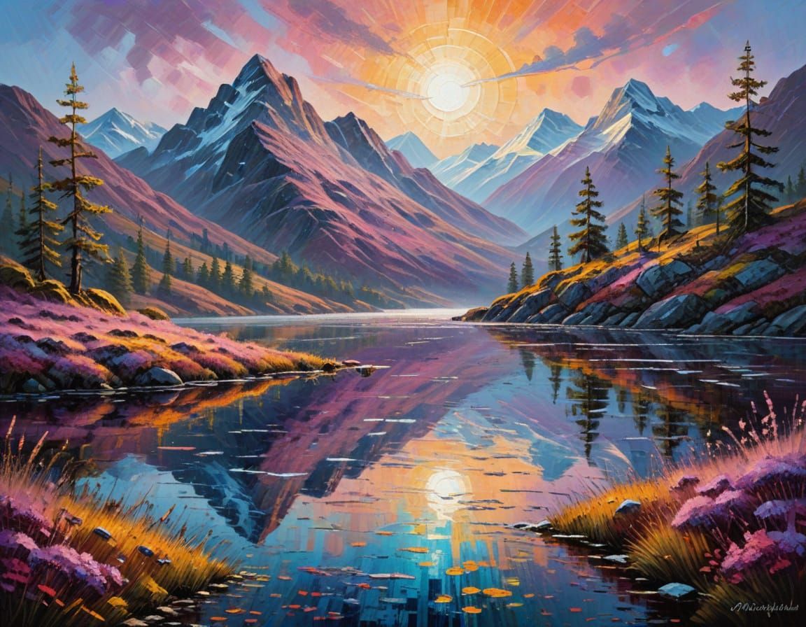 Scottish Lake Mist Mountains Vivid Reflections Impressionist...