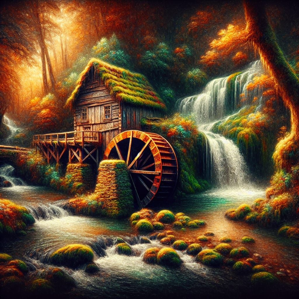 Whimsical Waterwheel Scene in Autumn Hues