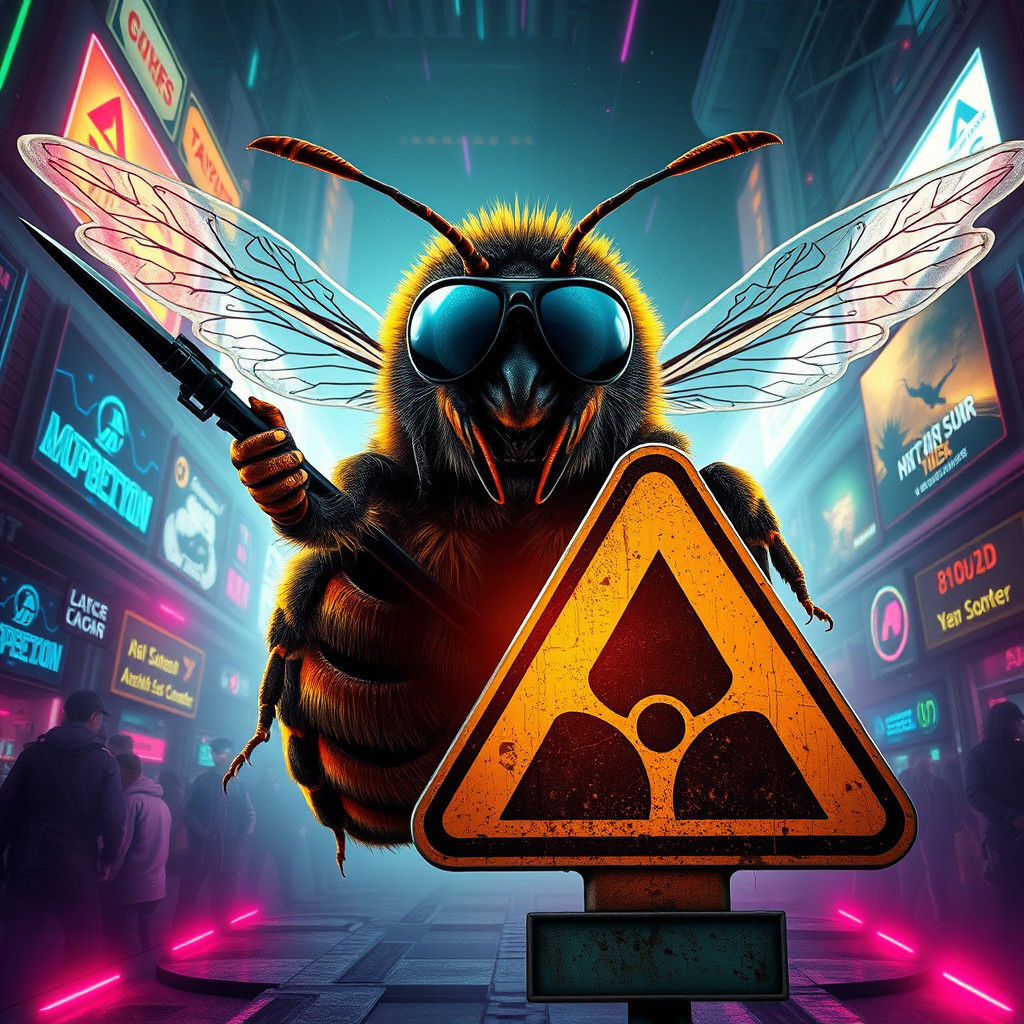 Cyberpunk Bee Soldier in Dystopian City