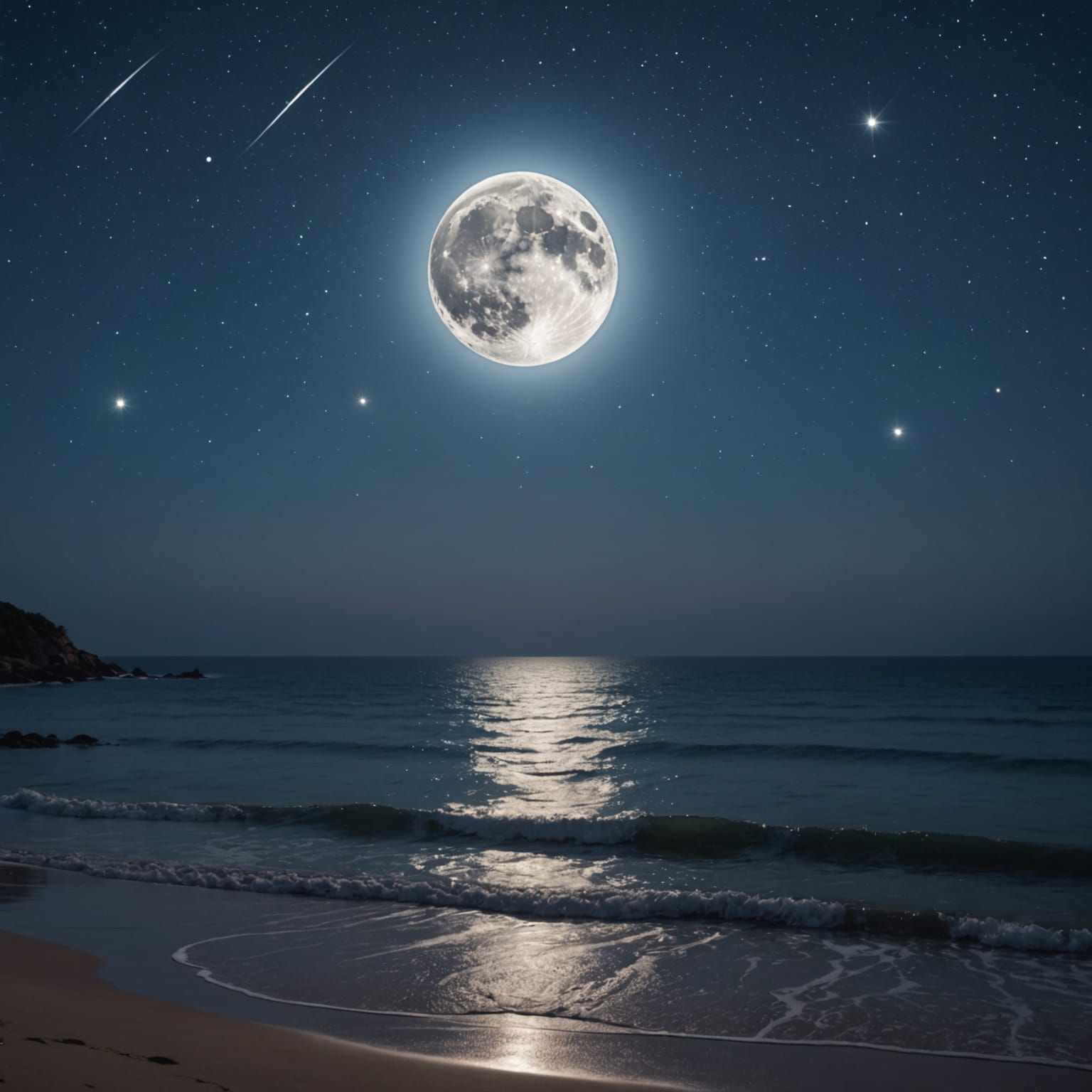Full Moon and Stars Reflected in Ocean