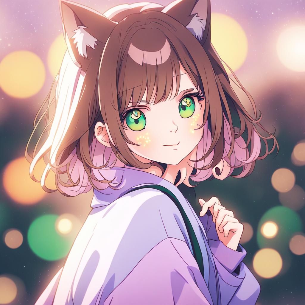 Catgirl with Sparkling Eyes in Soft Anime Style