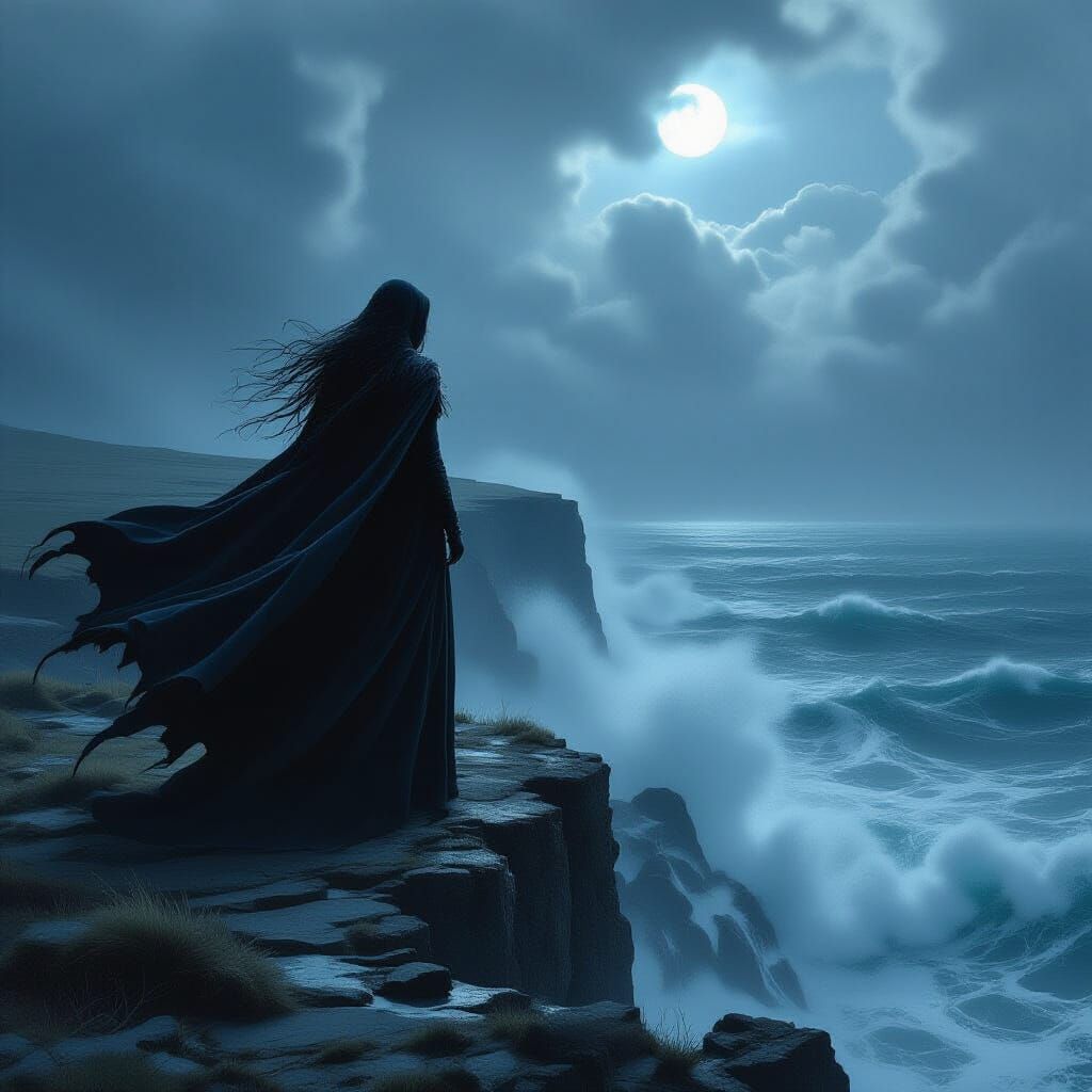 Gothic Sorceress on Windswept Cliff Overlooking Stormy Sea
