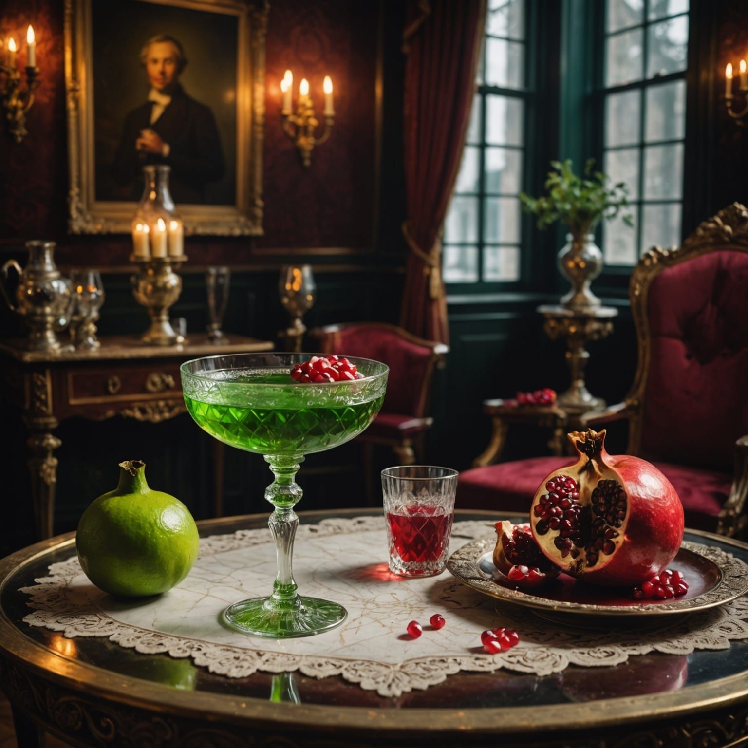 Luxurious Still Life of Absinth and Pomegranate