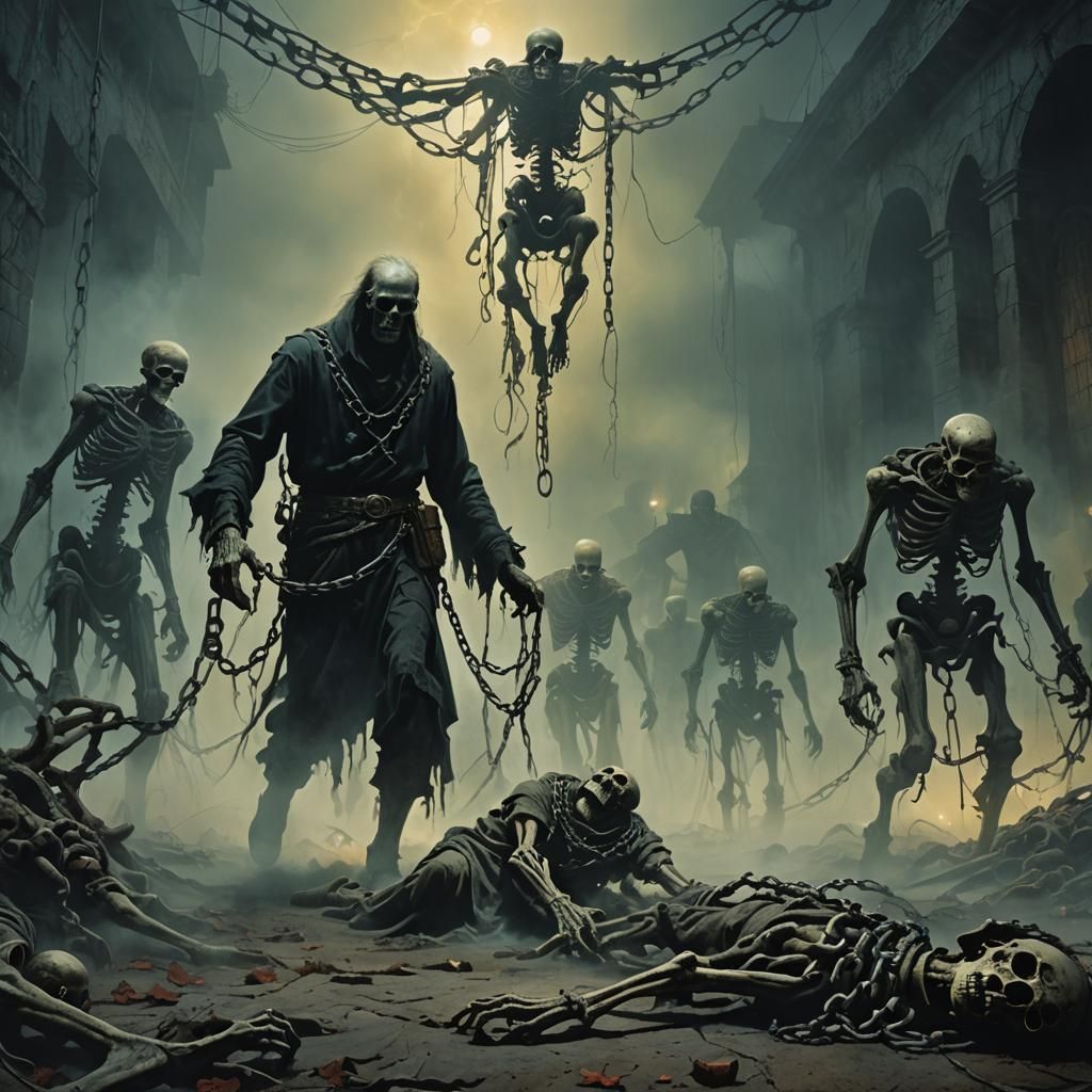 Divine Man Walks Over Skeletons in Dark Fantasy Art