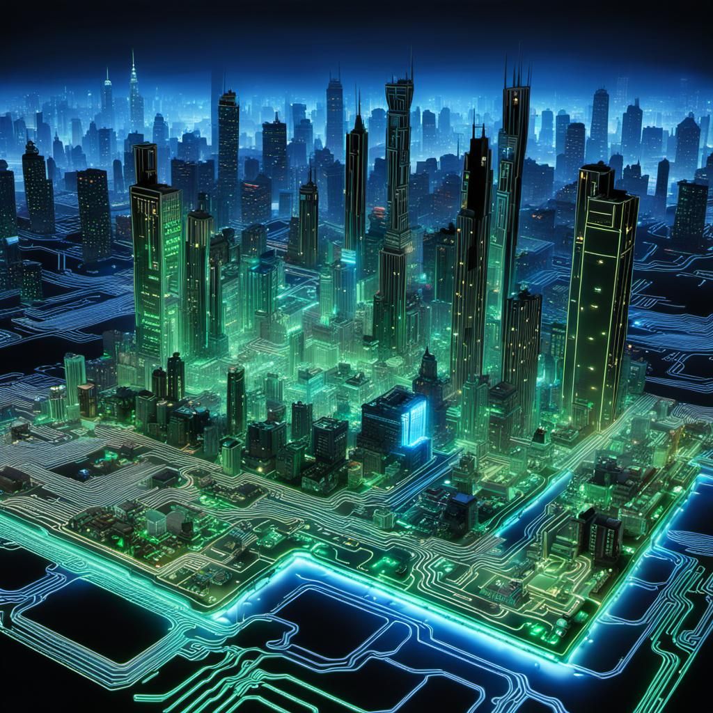 Circuit Board Cityscape with Chibi Mouse