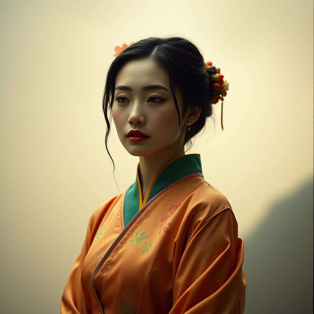 Elegant Chinese Woman in Traditional Attire Amidst Soft Ligh...