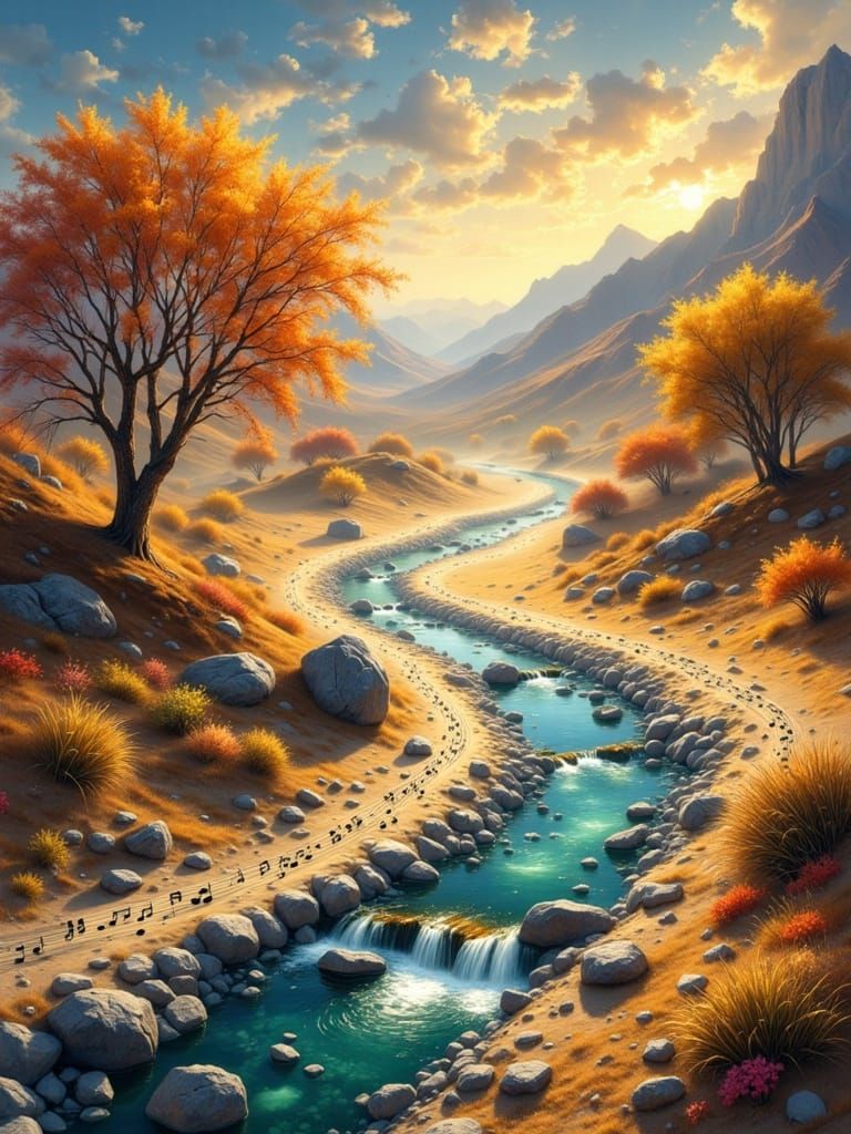 Musical River Over Desert Waterdrops in Airbrush Style
