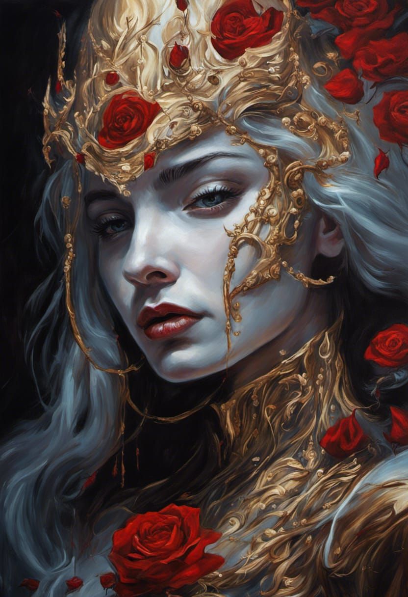 Woman in Golden Dress with Roses: Fantasy Art