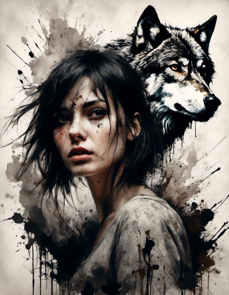 Girl and Scarred Wolf in Ink Splatter Art