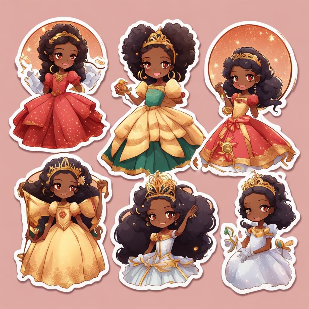 African Princesses in Ball Gowns: Anime Style Stickers