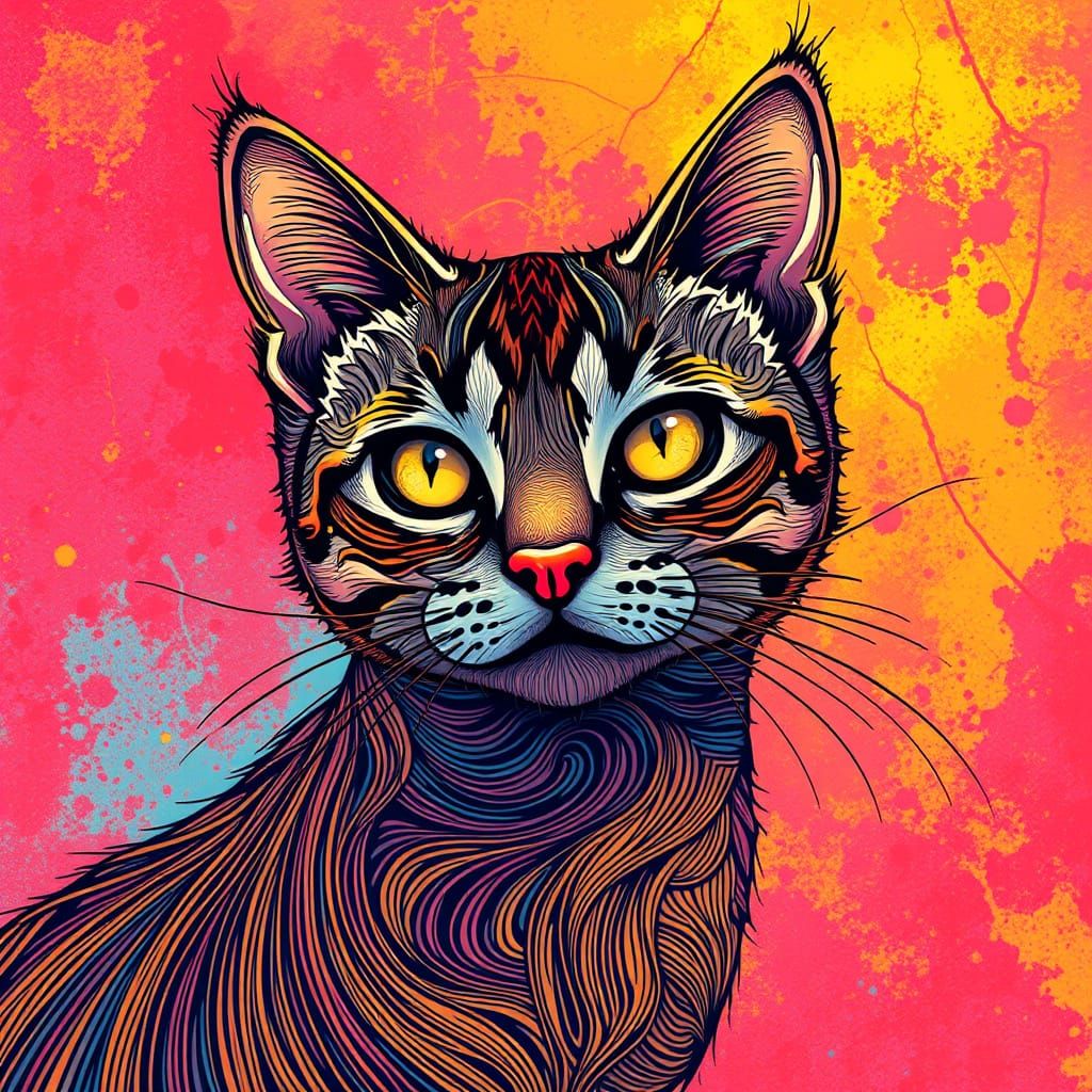 Whimsical Cat in Vibrant Etch-a-Sketch Art