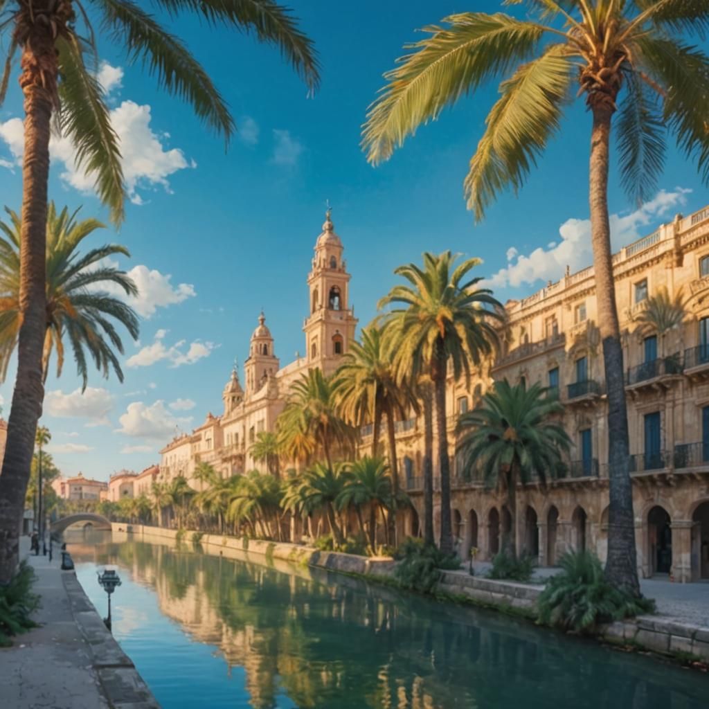 Spanish Baroque Riverfront with Towering Palms