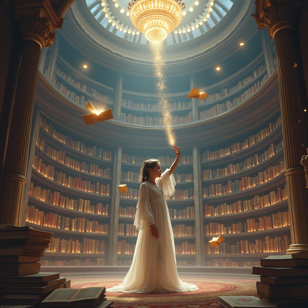 Young Girl in Whimsical Magical Library Scene