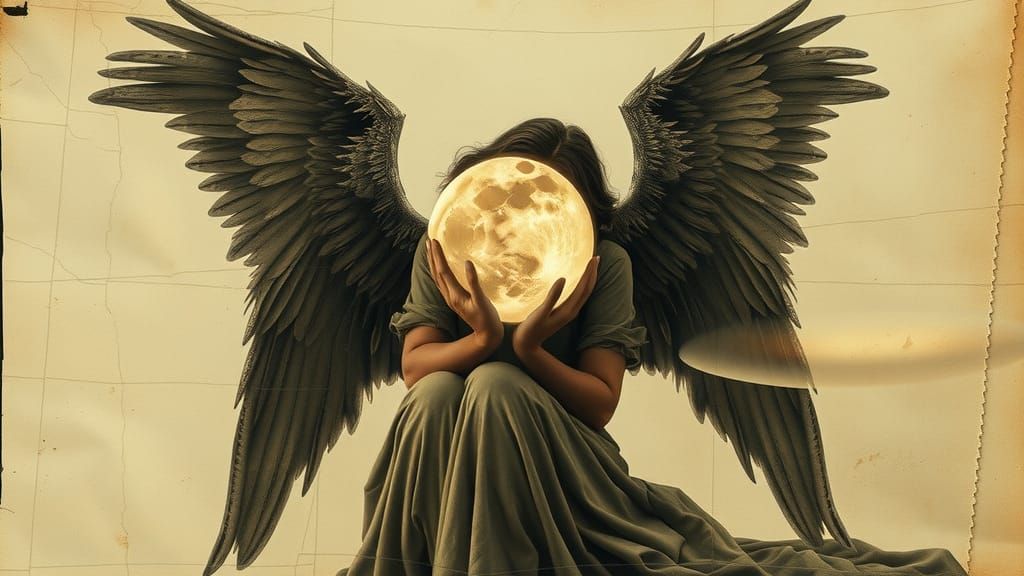 Angelic Moon Guardian in Surreal Double Exposure