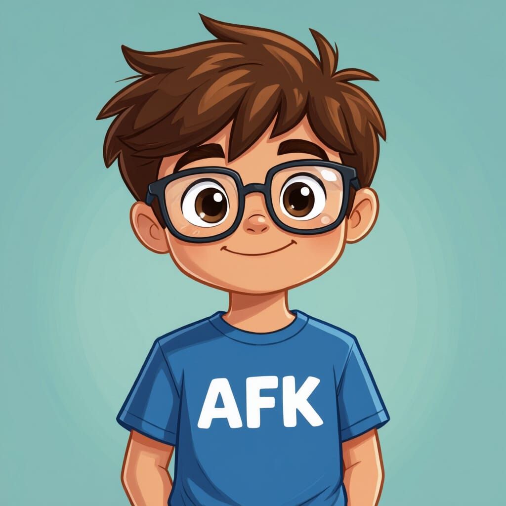 Cartoon Boy with Glasses and AFK Shirt in Dynamic Pose