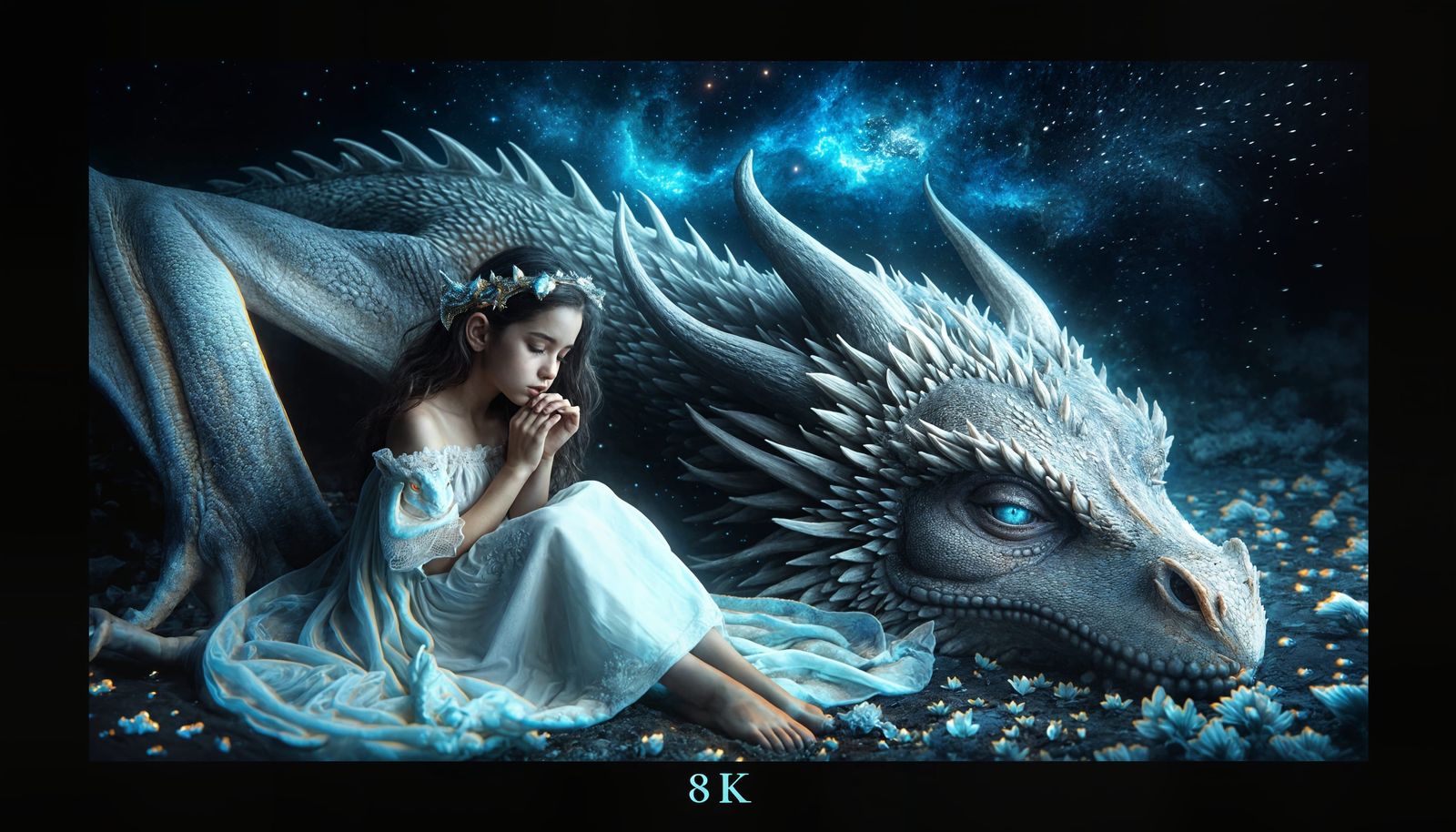 Enchanting Girl and Dragon in Mystical Darkness