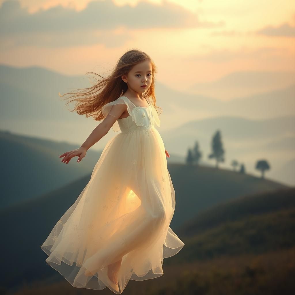 Ethereal Girl Floats in Twilight Landscape
