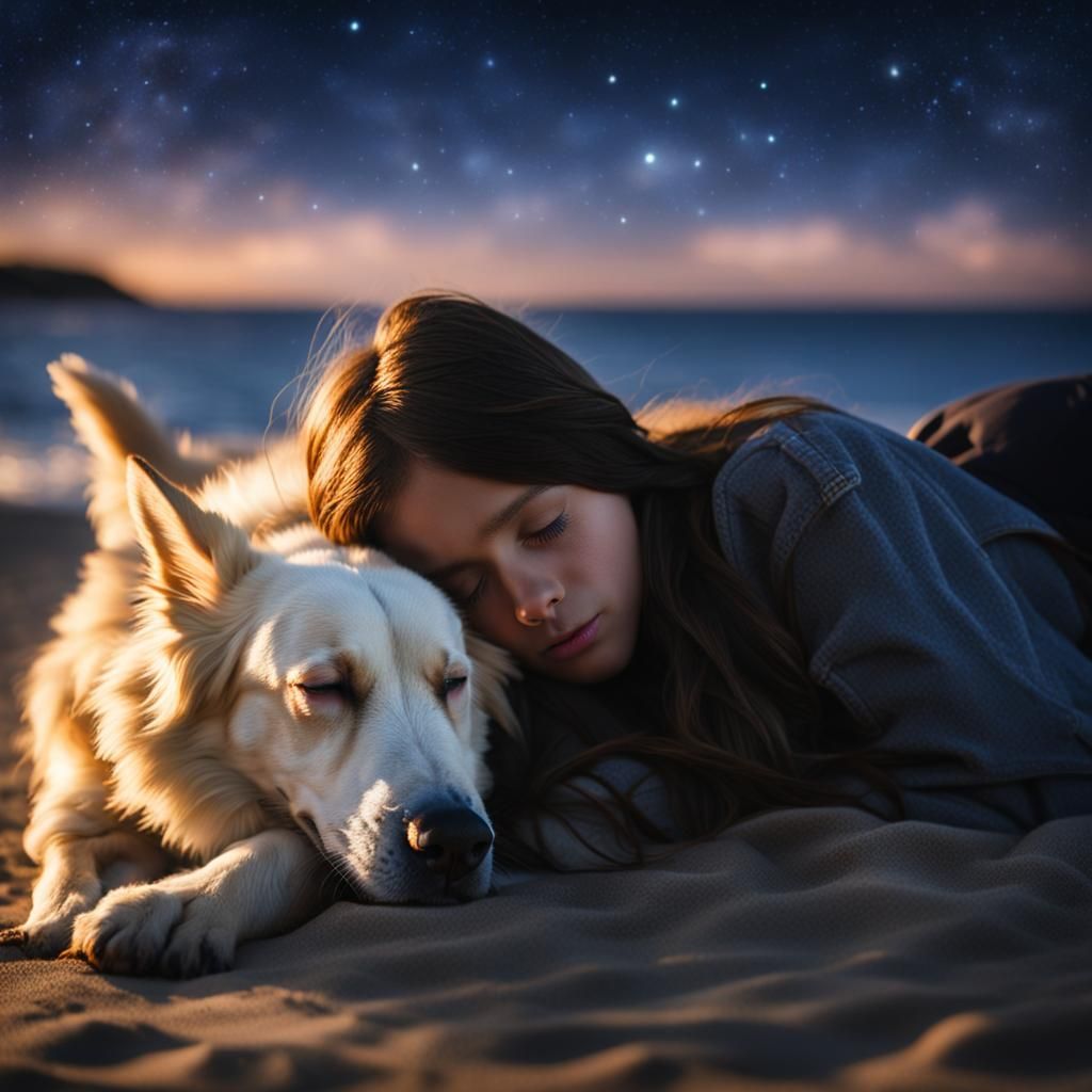 Girl and Dog Sleeping on Beach at Night