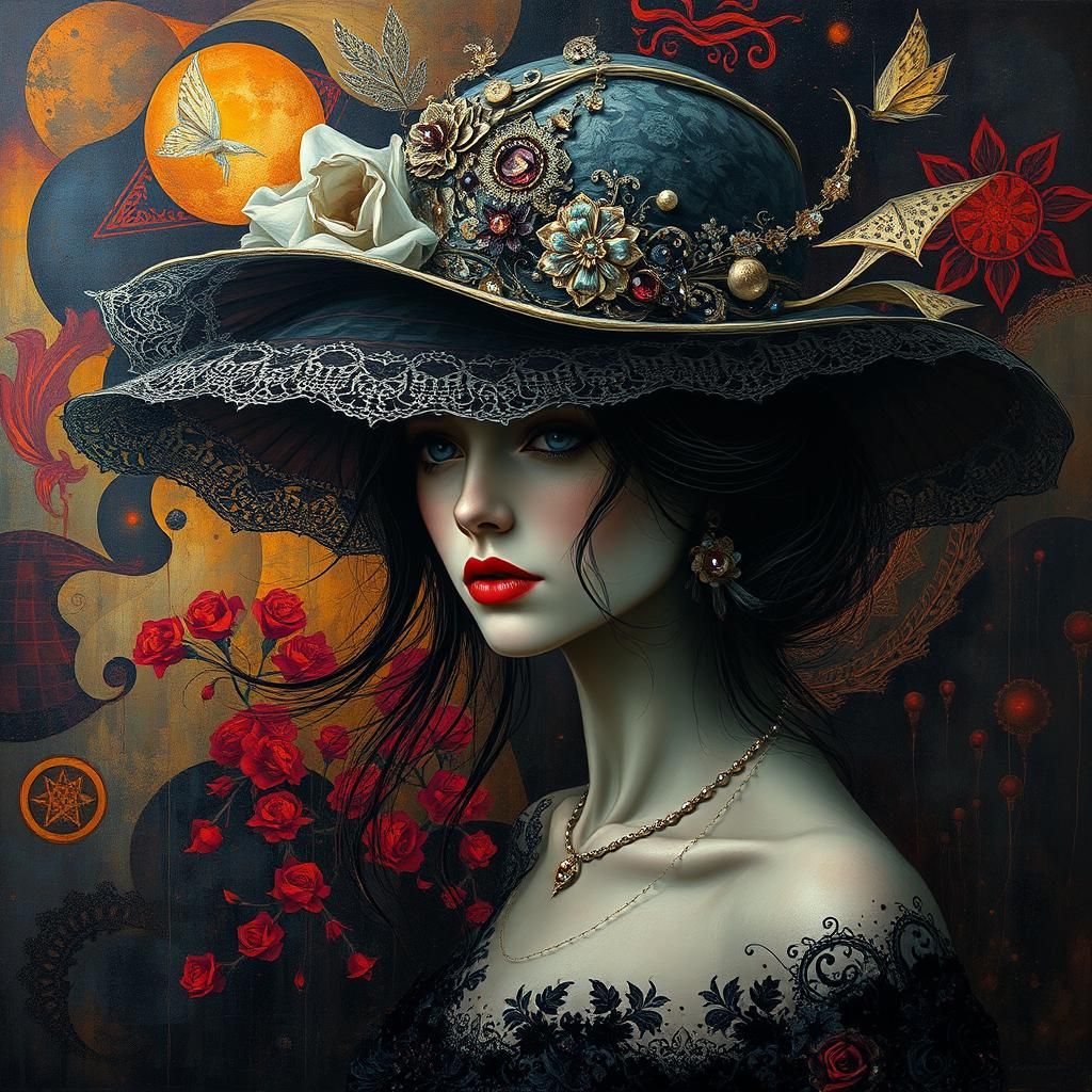 Surreal Woman with Ornate Hat in Dreamlike Landscape