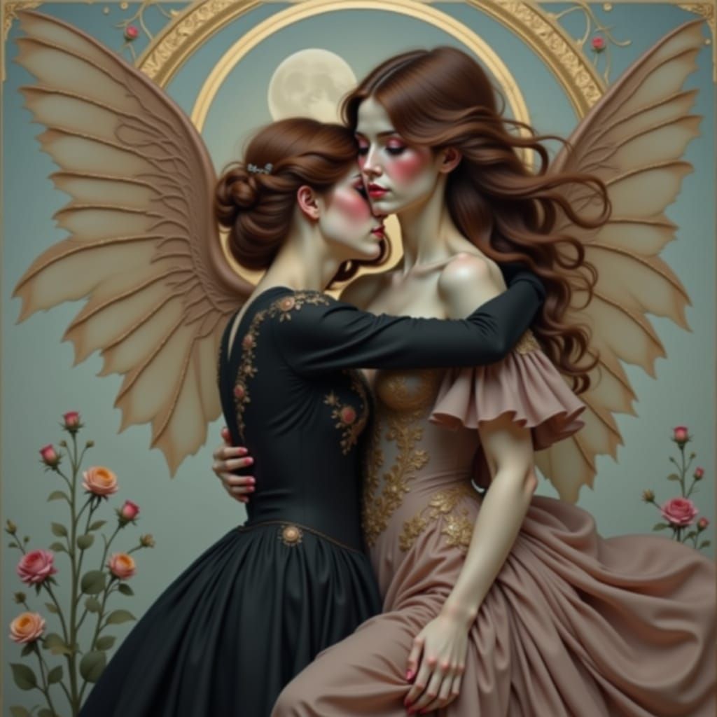 Couple Embracing Under Moonlit Sky in Ethereal Style