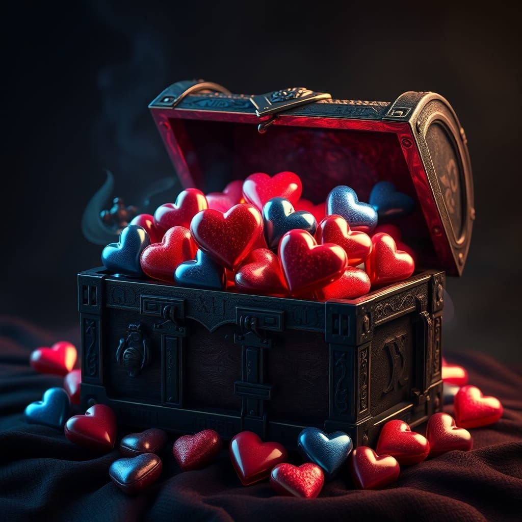 Fantasy Chest of Heart-Shaped Jewels in Rich, Velvety Black