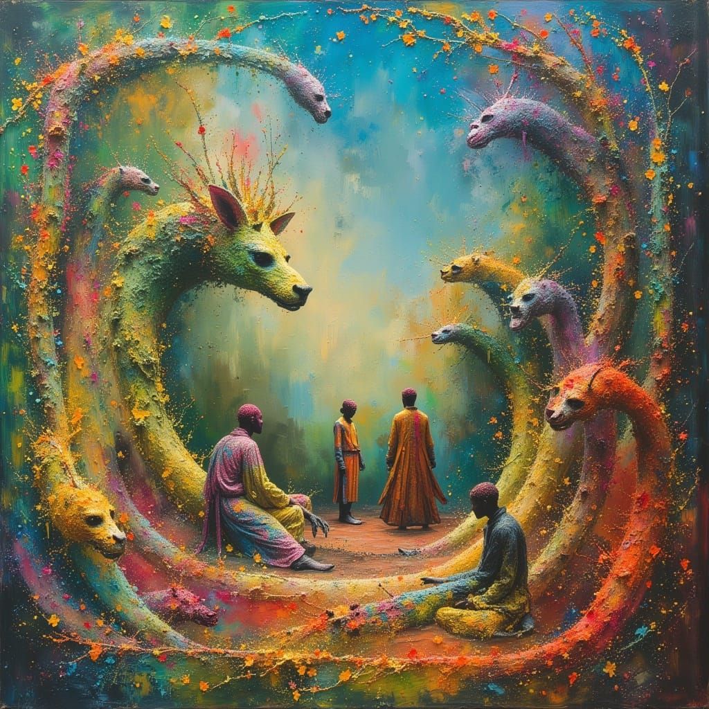 Mythical Chimaera with Matador, Harlequin, and Geisha