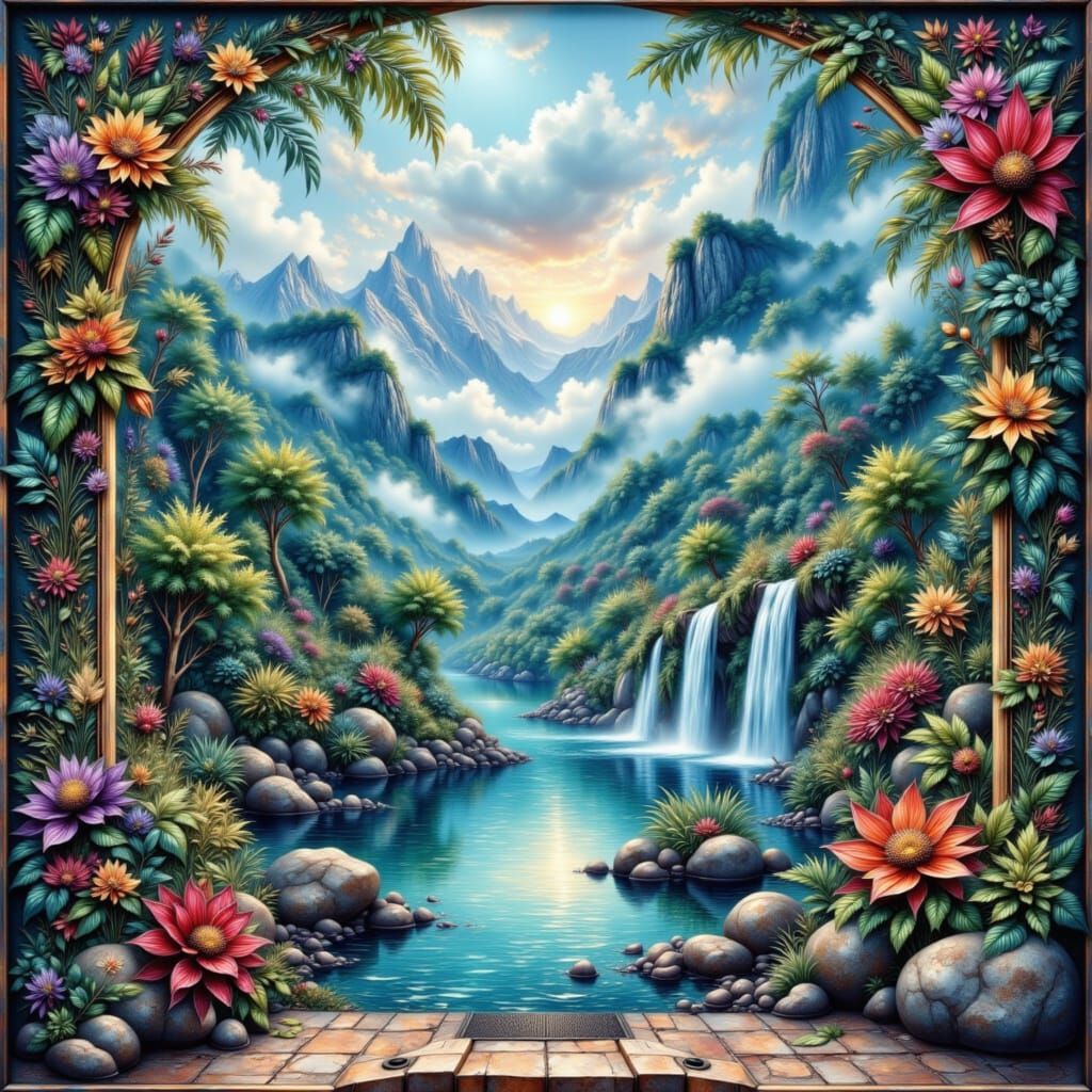 Breathtaking Mural of Lush Forests and Mountains