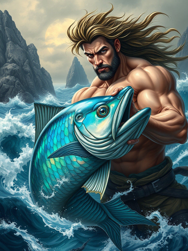 Seafarer with Iridescent Fish: A Mystical Seascape