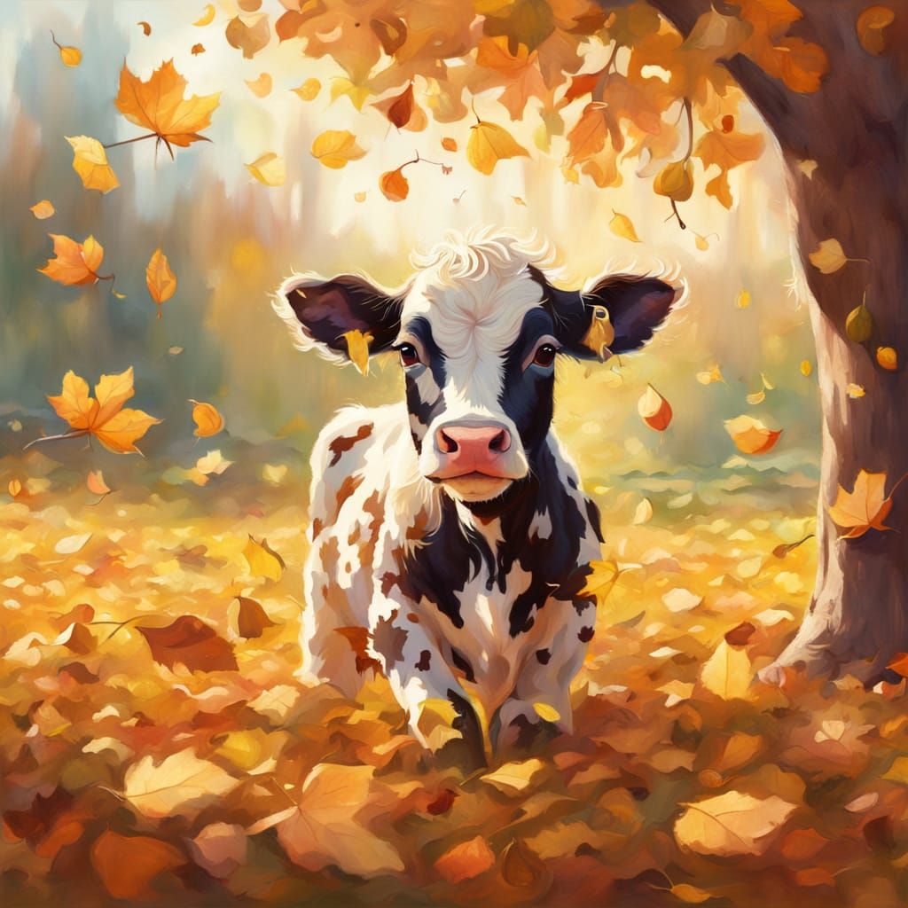 Cute Calf Playing in Autumn Leaves and Dandelions