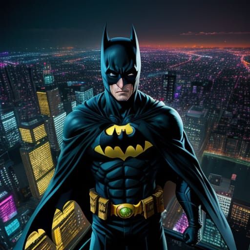 Batman on Rooftop in Anime Comic Book Style