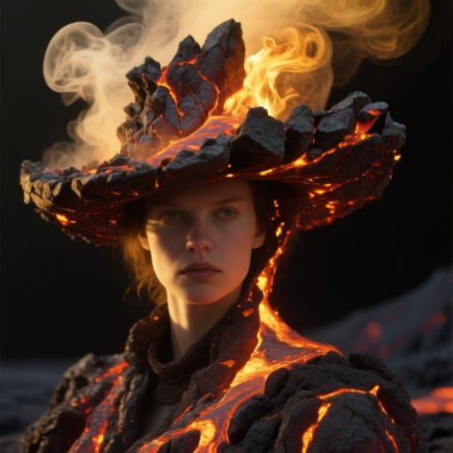 Dramatic Portrait: Lava Hat, Volcanic Rock, Glowing Embers