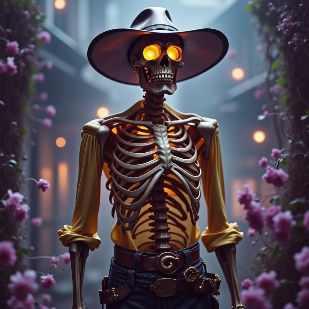 <lora:Detailed realism:1.0> Skelton dressed as a Cowboy a masterpiece, 8k resolution, dark fantasy concept art, by Greg ...