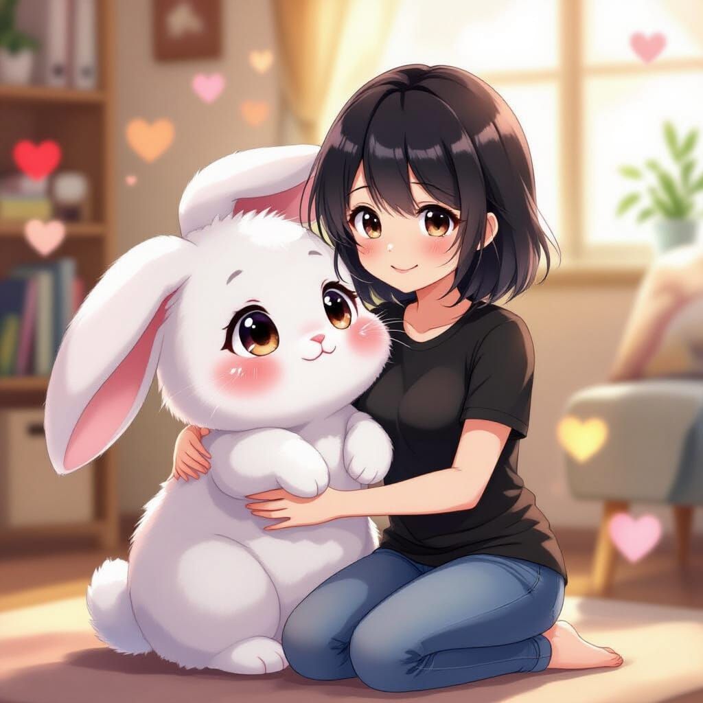 Cute Anime Rabbit Held by Loving Woman in Cozy Apartment