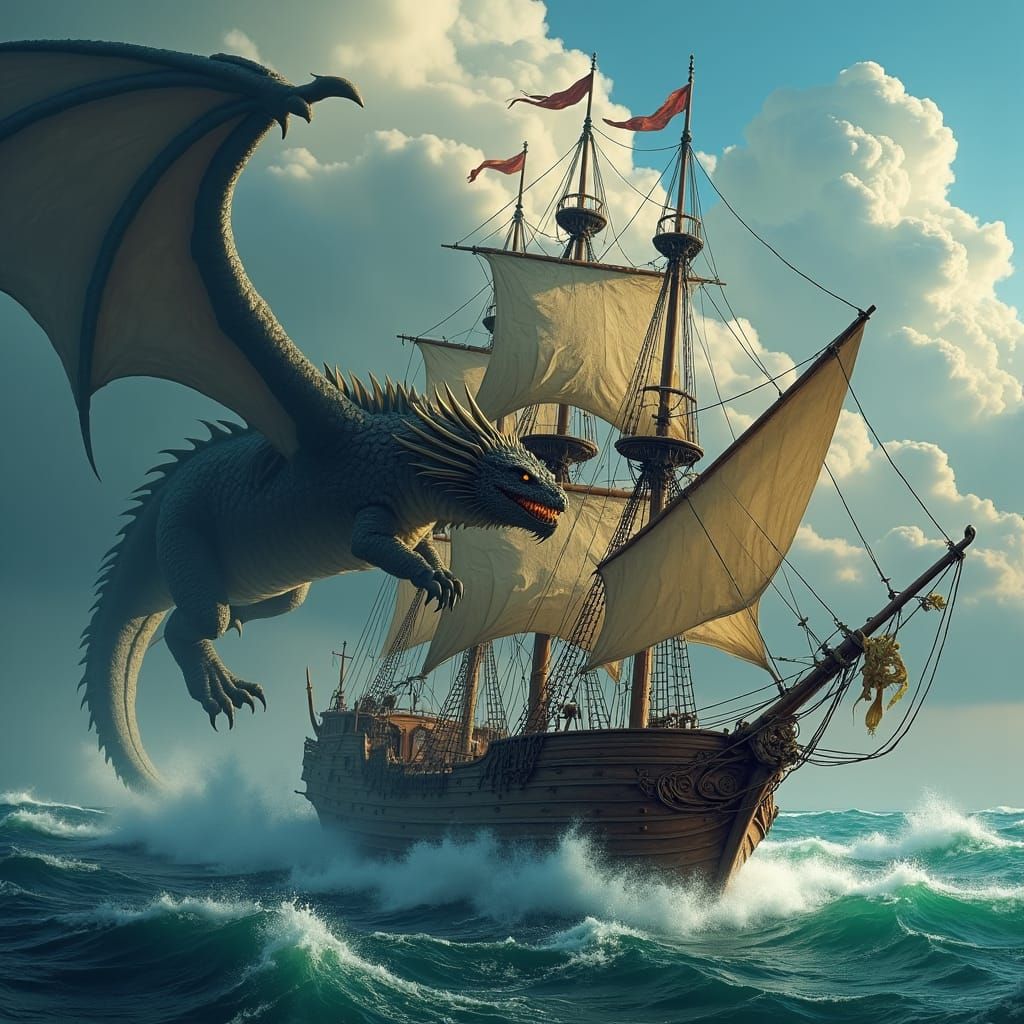 Dragon Attacks Galleon in Fantasy Concept Art