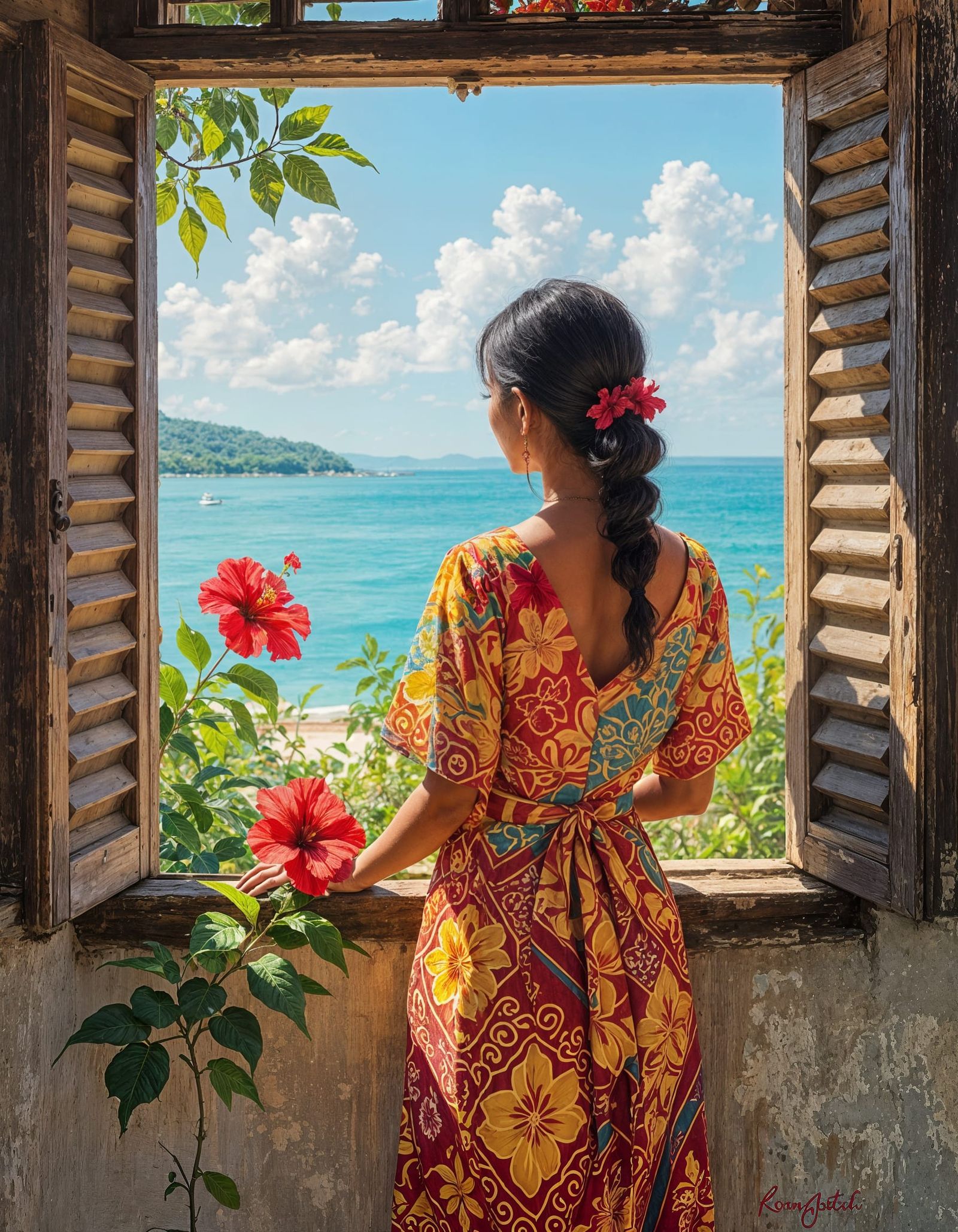 Cambodian Woman in Batik Dress, Naive Art Style