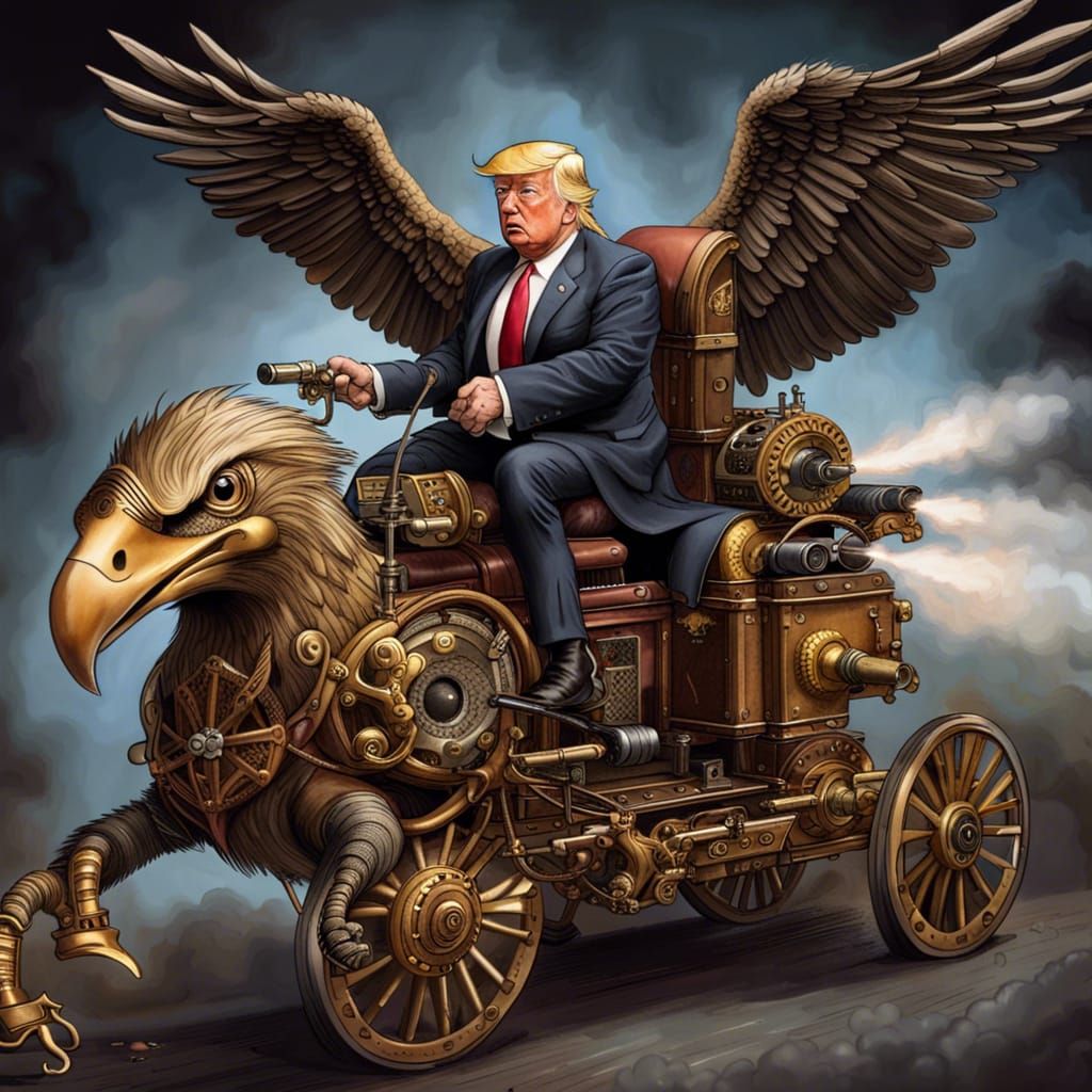 Trump Rides Steampunk Eagle in Hyperrealistic Art