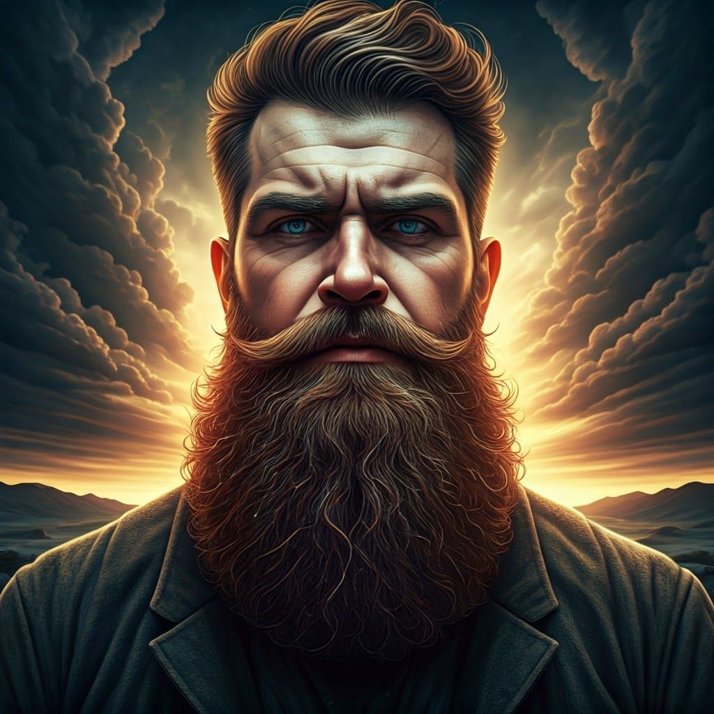 Epic Portrait of Bearded Man in Stormy Landscape