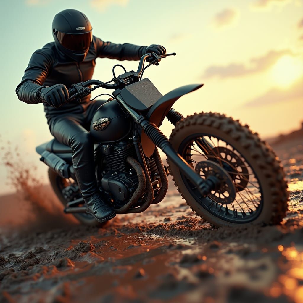 Motorcycle Rider Drifting on Muddy Track