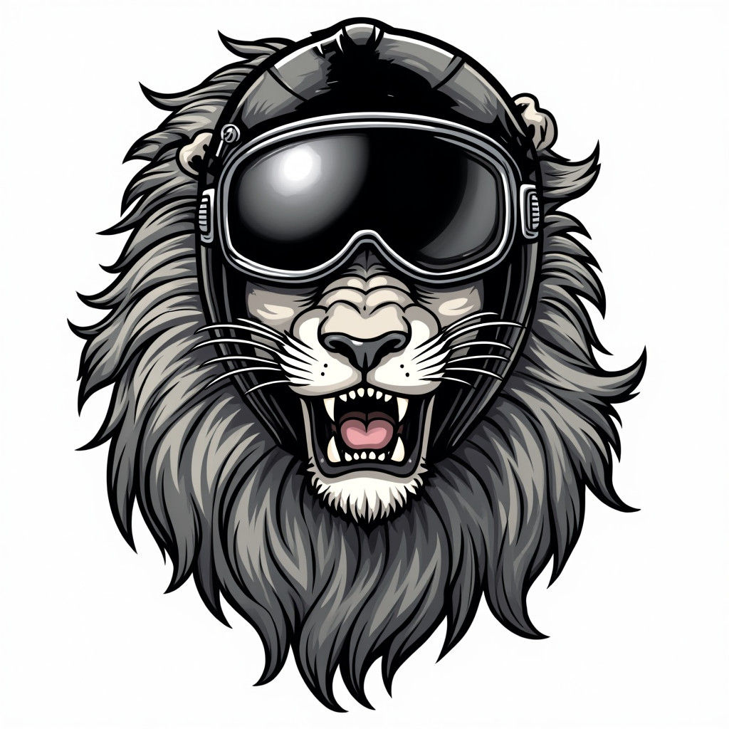 Lion Head with Biker Helmet, High-Contrast Art