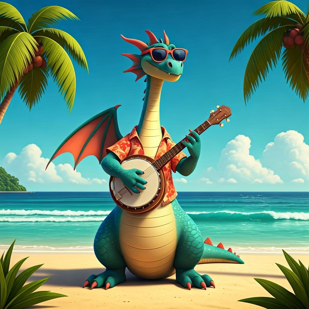 Friendly Dragon Plays Banjo on Tropical Beach: Disney Style